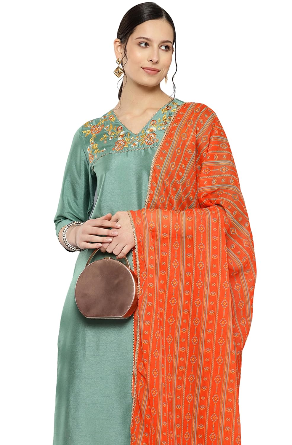 Janasya Women's Sage Green Crepe Silk Yoke Embroidered Solid Kurta with Pant and Dupatta