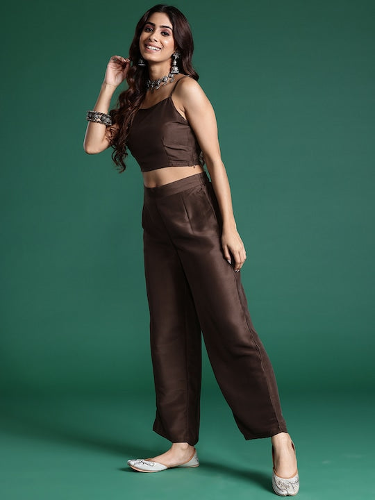 Sangria Floral Foil Printed Front Slit Layered Kurta with Trousers