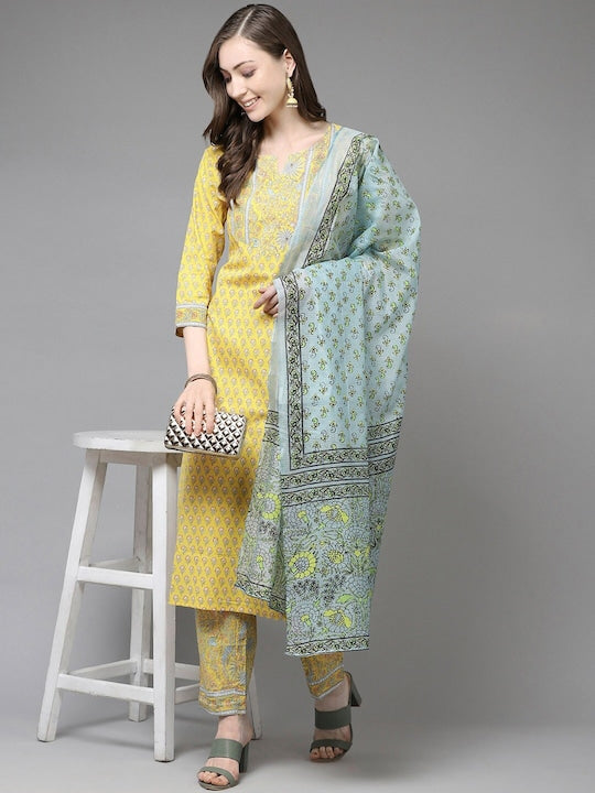 Yufta Floral Printed Pure Cotton Kurta with Trousers & Dupatta