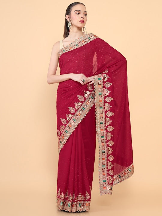 Soch Red & Gold Toned Embroidered Silk Blend Tussar Saree