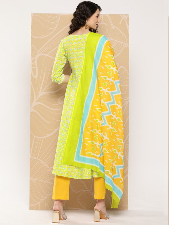 Yufta Ethnic Motifs Printed Thread Work Detail Cotton A-Line Kurta with Trousers & Dupatta