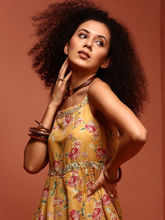 IMARA Floral Printed Smocked Maxi Ethnic Dress