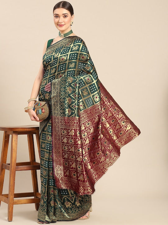 All about you Green & Maroon Woven Design Silk Blend Kanjeevaram Saree