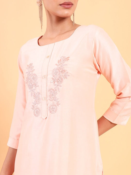 Soch Women Peach-Coloured Floral Embroidered Thread Work Kurta with Trousers - XL