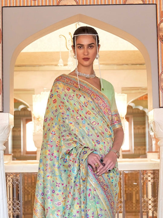 Mitera Green & Blue Floral Woven Design Zari Saree