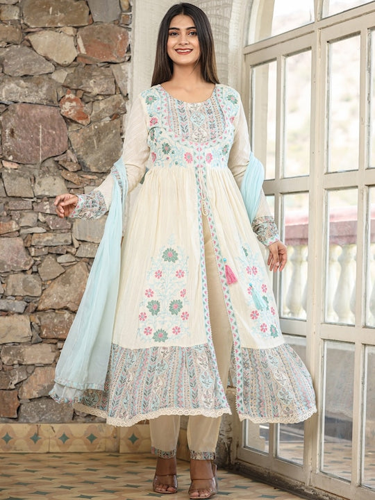 Readiprint Fashions Floral Embroidered Pure Cotton Kurta with Trousers & Dupatta - XL