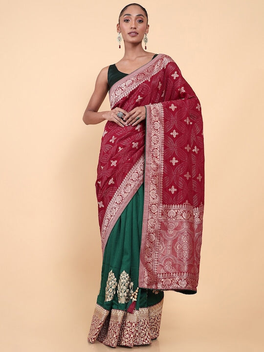 Soch Maroon & Green Floral Embroidered Silk Blend Tussar Saree