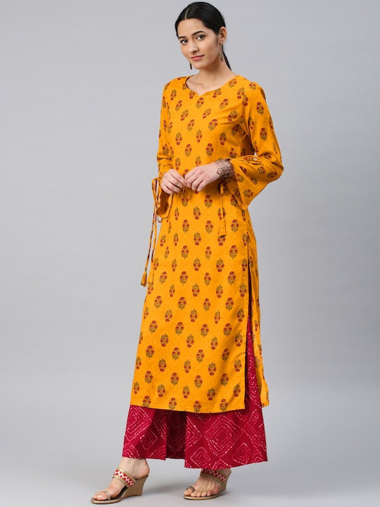 Vishudh Women Mustard Yellow & Red Printed Kurta with Palazzos - S
