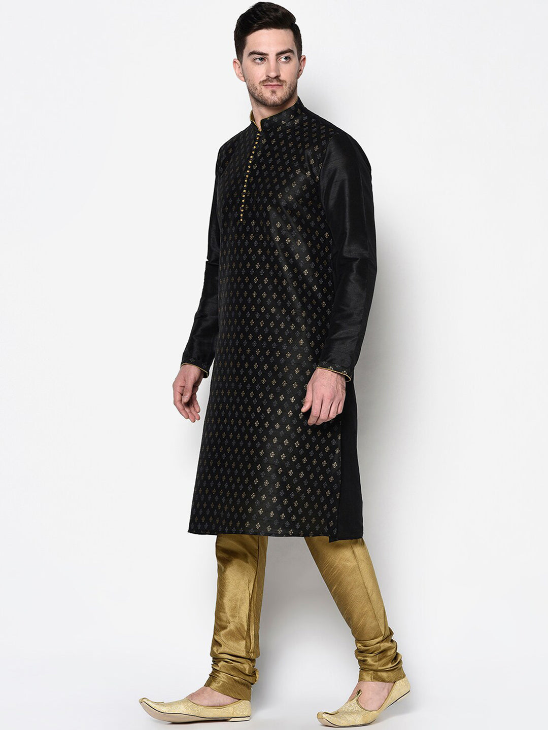 Deyann Men Black Ethnic Motifs Printed Dupion Silk Kurta