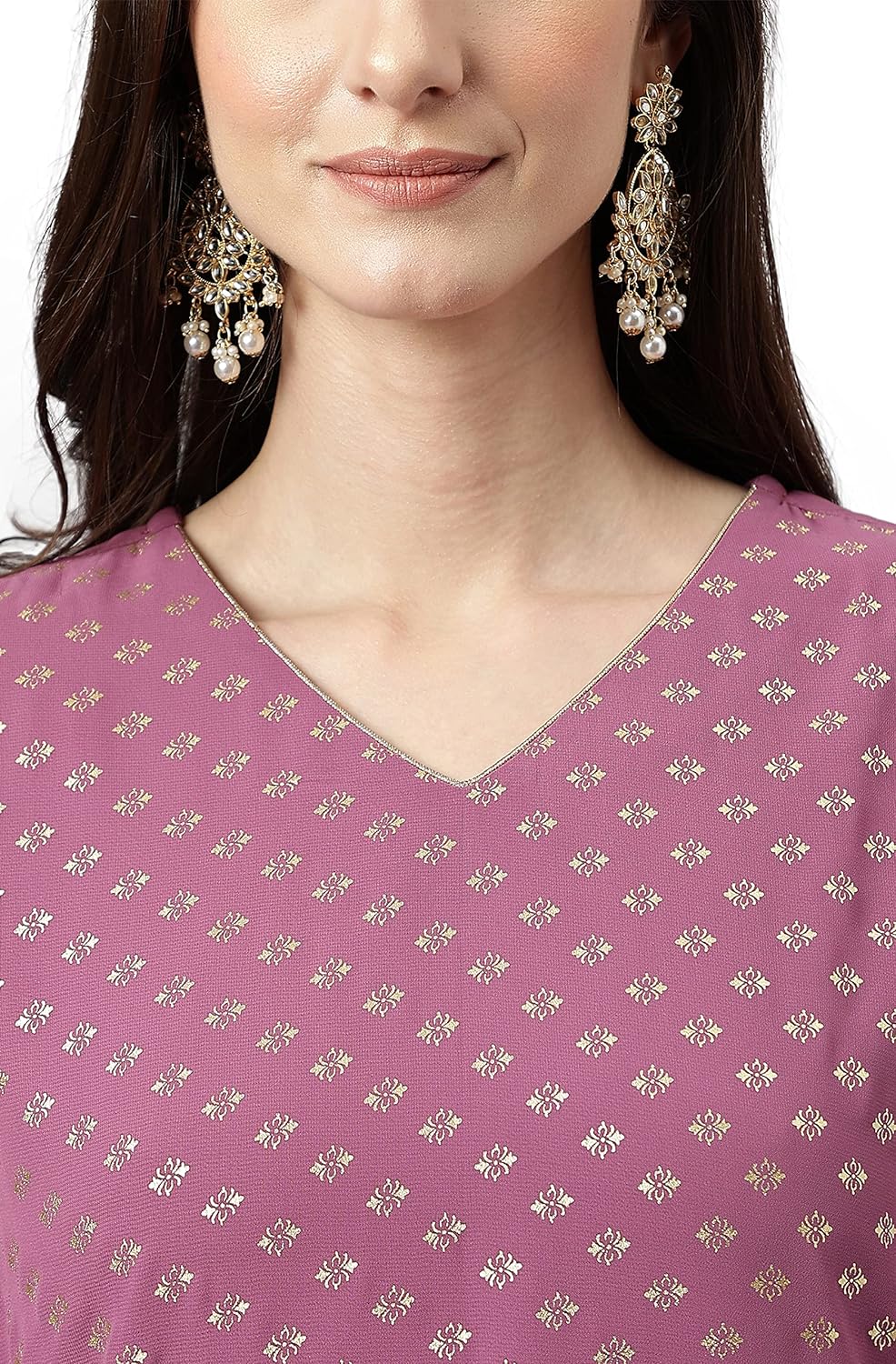 Janasya Women's Purple Georgette Foil Print Kurta with Palazzo and Dupatta