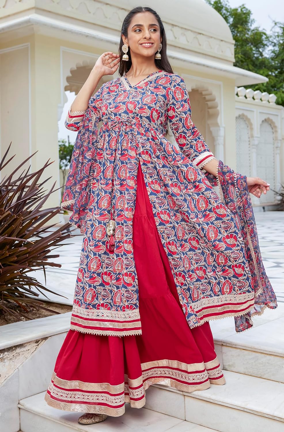 Janasya Women's Blue Cotton Floral Printed Kurta with Skirt and Dupatta