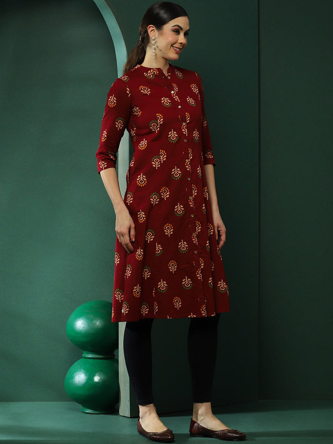 AKS Floral Printed Band Collar Cotton A-Line Kurta