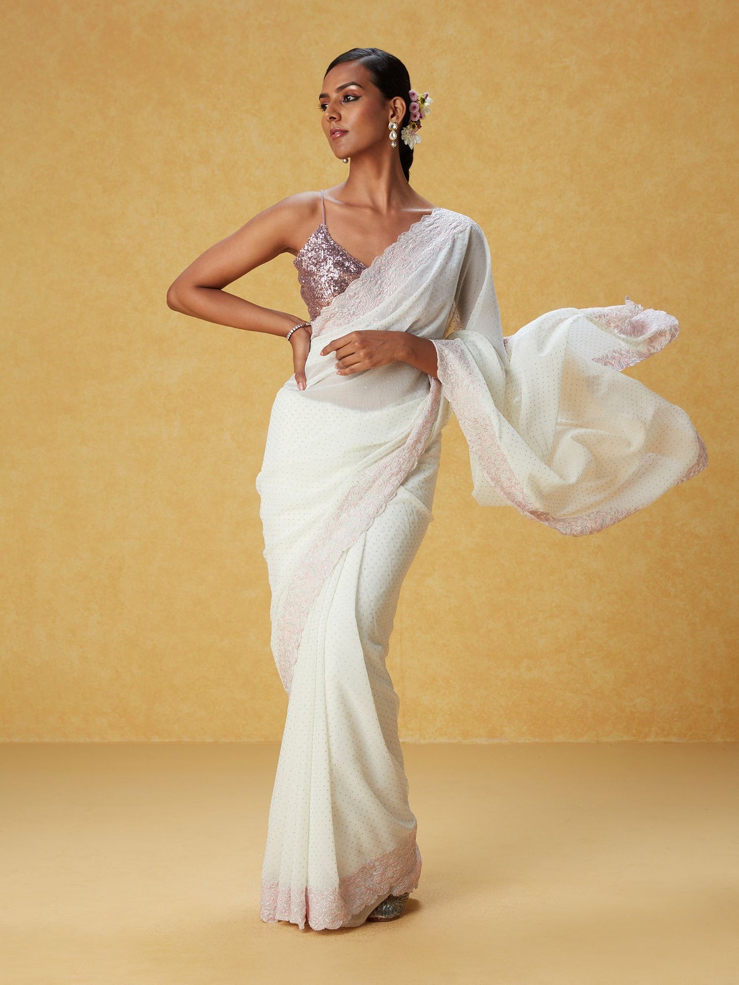 Likha Off-White Georgette Embroidered Saree with Scalloping & Unstitched Blouse LIKSAR97 (Free Size)