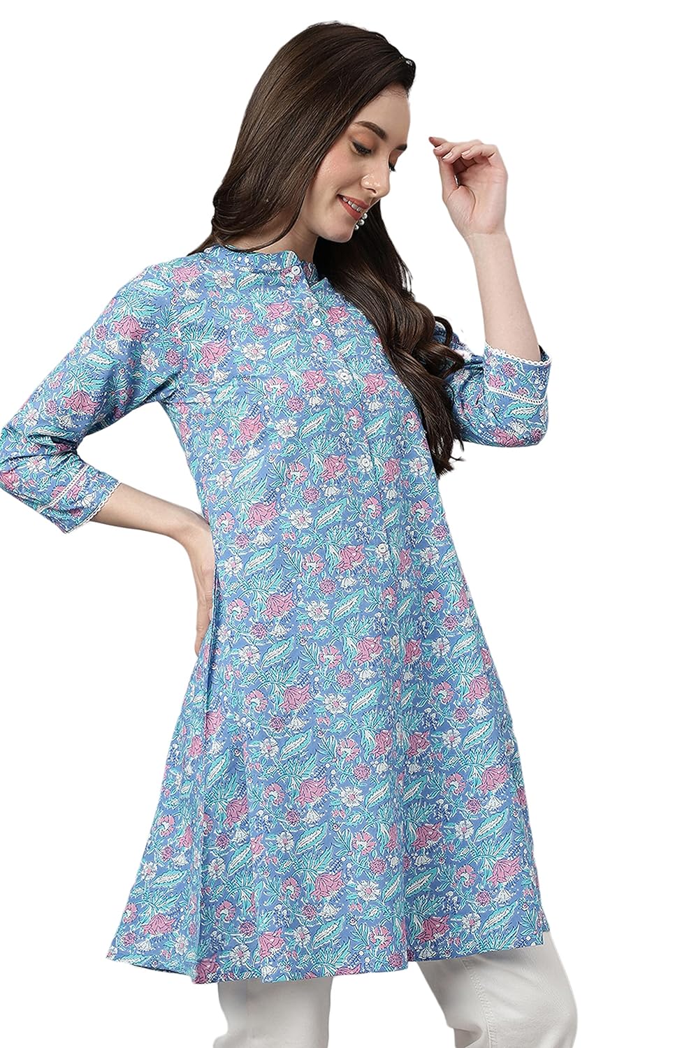 Janasya Women's Multicolor Cotton Botanical Print A-Line Tunic