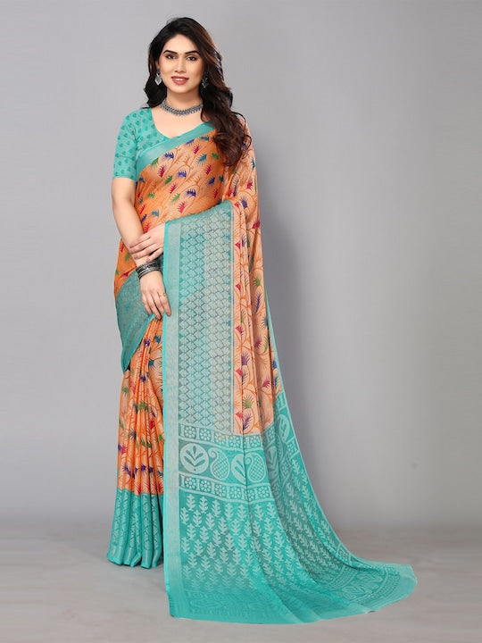 Fabmora Printed Zari Pure Chiffon Brasso Saree