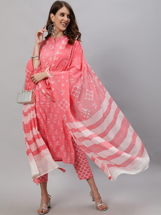 Anubhutee Women Pink Floral Printed Kurta with Trousers & Dupatta - XXL