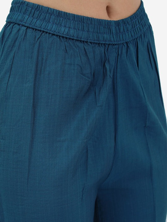 Vishudh Women Blue & Silver Ethnic Motifs Printed Regular Kurta with Trousers