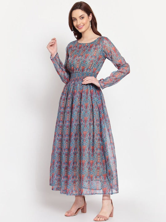 Myshka Women's Multicoloured Floral Fit & Flare Smocked Maxi Dress