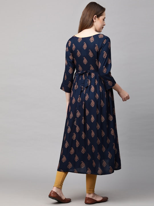 MomToBe Women Navy Blue Printed Maternity Nursing Anarkali Kurta
