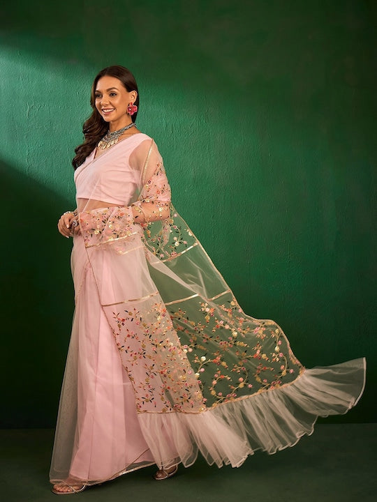 Sangria Floral Embroidered Ruffled Zari Sequined Saree