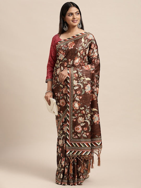 Janasya Burgundy & Beige Floral Satin Saree