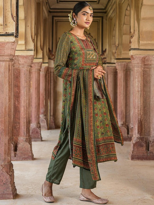 Scakhi Ethnic Motifs Printed Pure Silk Straight Kurta With Trousers & Dupatta