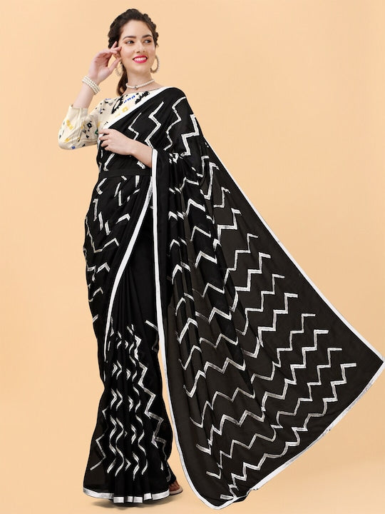 Sangria Black & Gold-Toned Leheriya Embroidered Saree