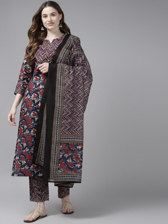 Yufta Women Navy Blue & Red Floral Printed Pure Cotton Kurta with Trousers & With Dupatta - S