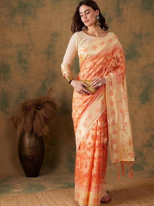 Sangria Orange & Gold Toned Paisley Woven Design Zari Saree