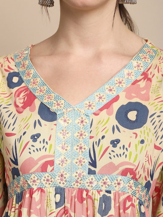 Sangria Mustard Floral Printed V-Neck Empire A-line Sequinned Kurta Set With Dupatta