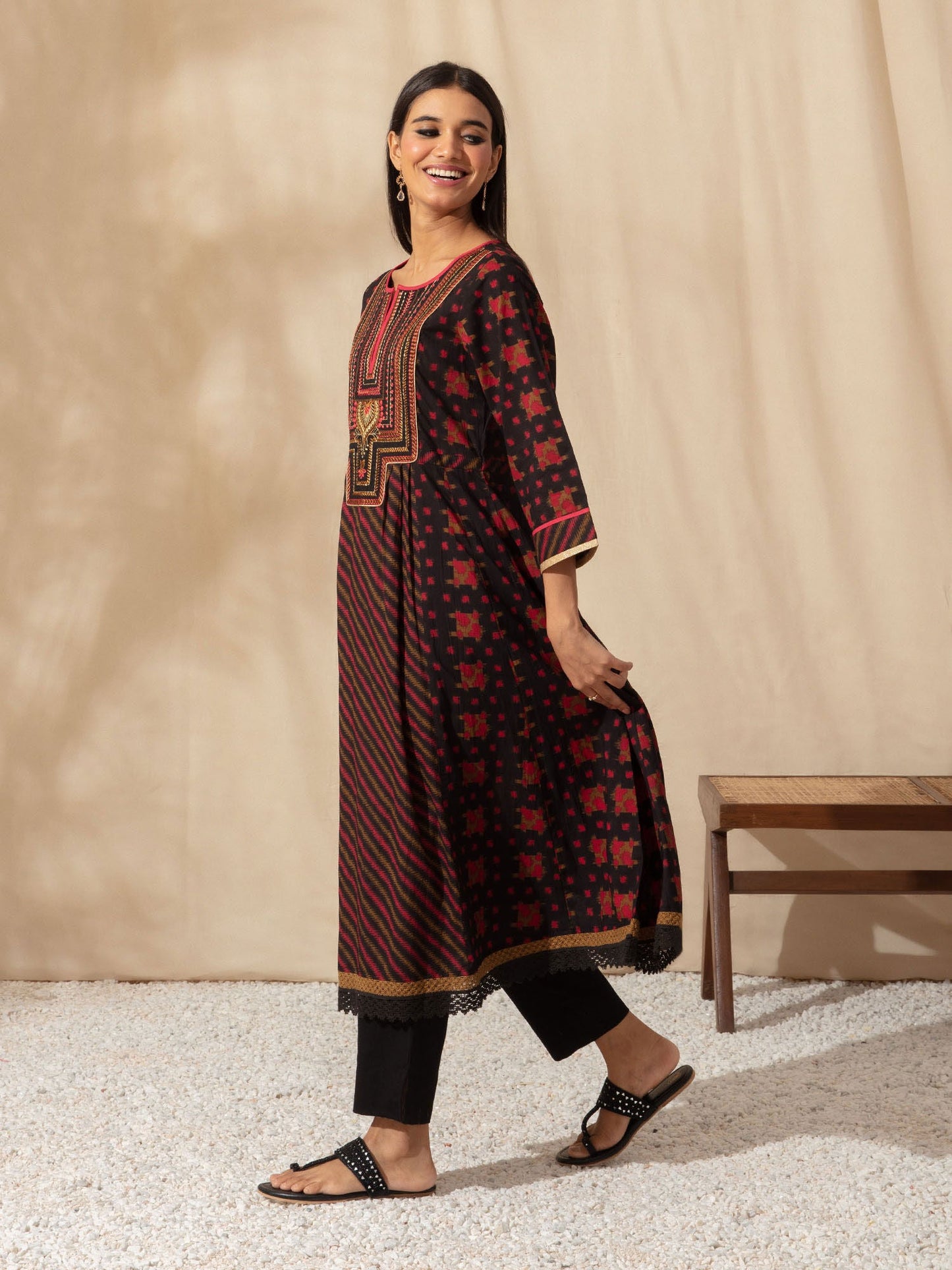 Likha Black Multi Print Anarkali Kurta with Rustic Embroidery LIKKUR113