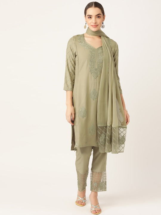 Anouk Women Olive Green Ethnic Motifs Yoke Design Kurta with Palazzos & With Dupatta