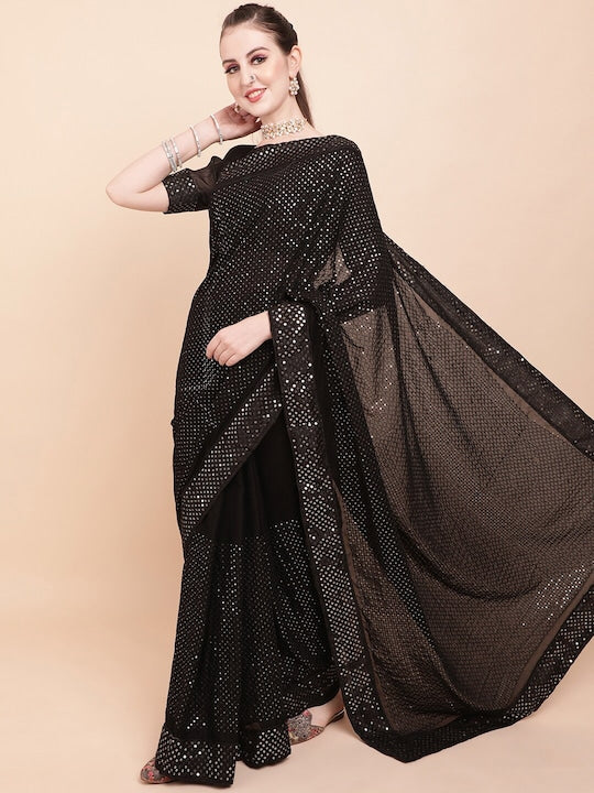 Sangria Black Embellished Sequinned Pure Georgette Designer Saree