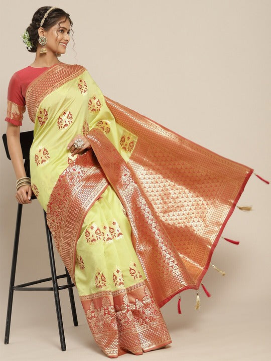 Mitera Women Green & Red Zari Silk Blend Sambalpuri Saree