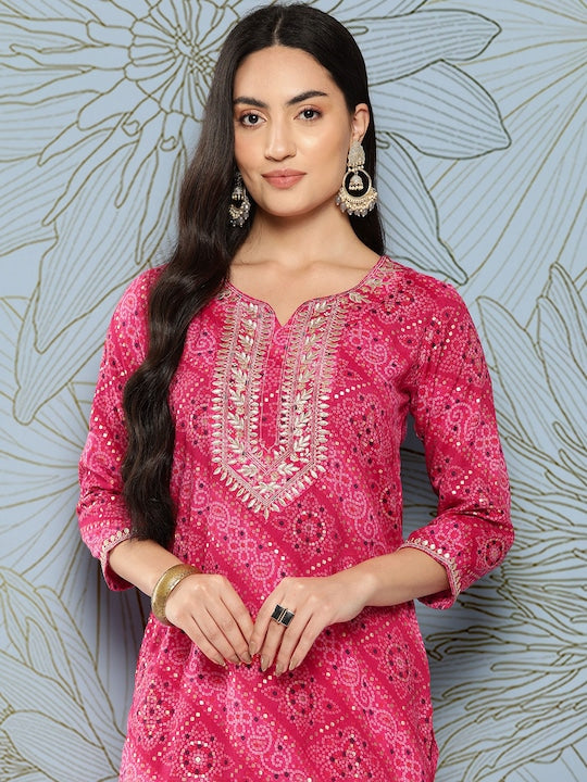 Yufta Bandhani Printed Gotta Patti Kurta Pink
