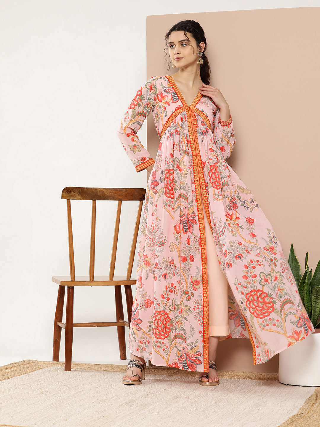 Ahalyaa Women Pink Floral Printed High Slit Kurta with Trousers