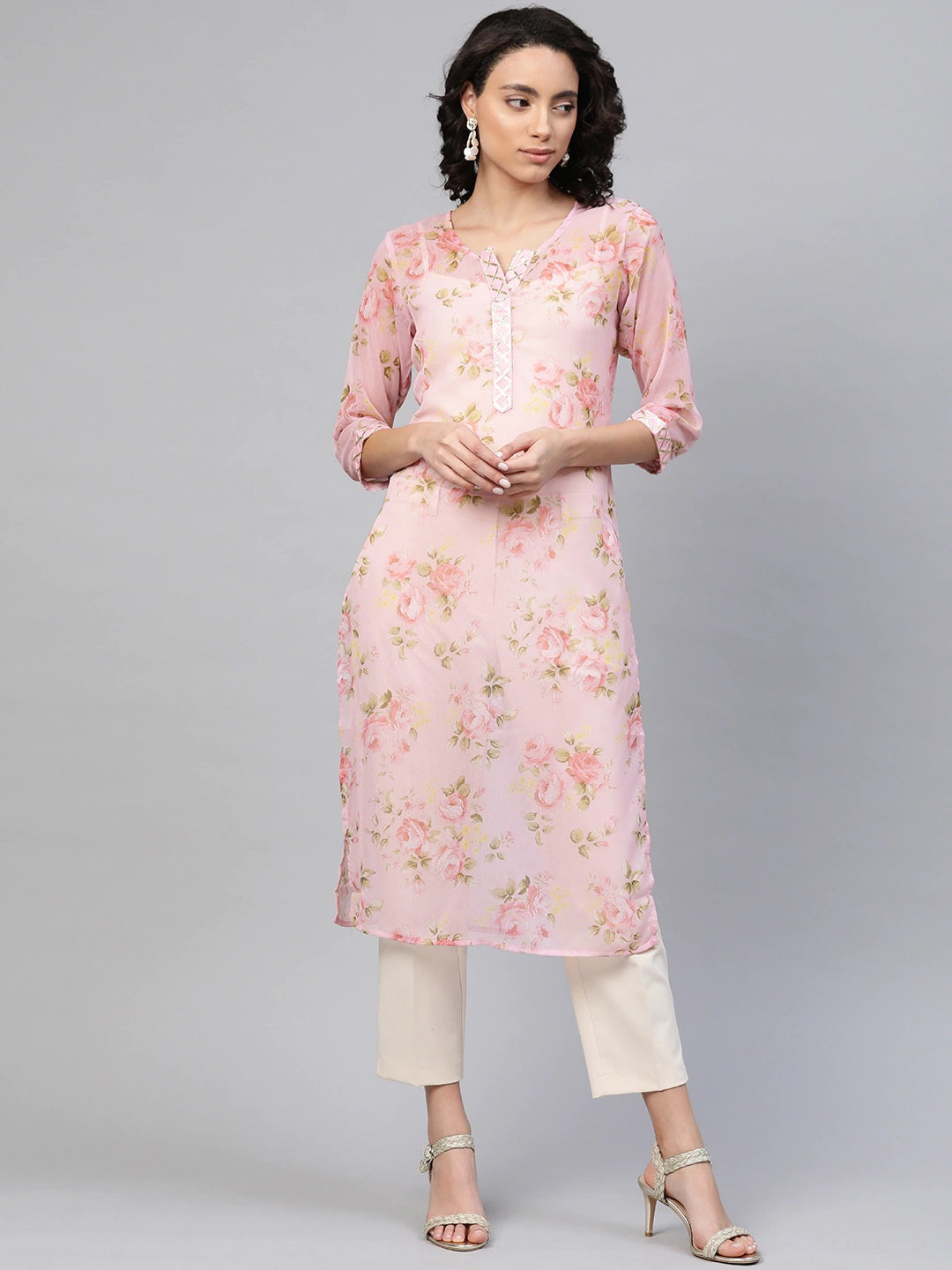 Ahalyaa Women Sheer Pink Floral Summer Chiffon Kurta