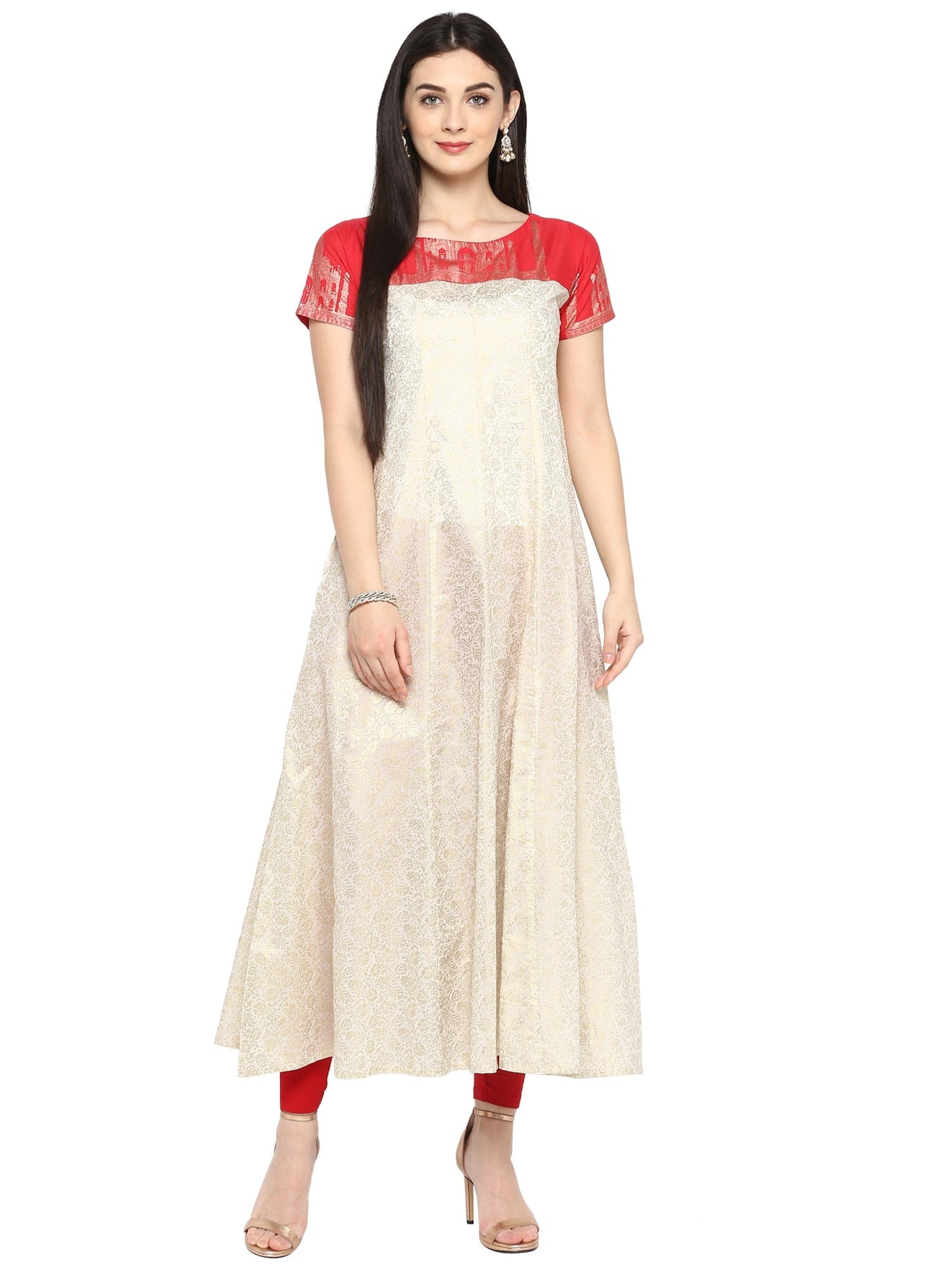 Ahalyaa Red & Off White Metallic Print Anarkali Kurta