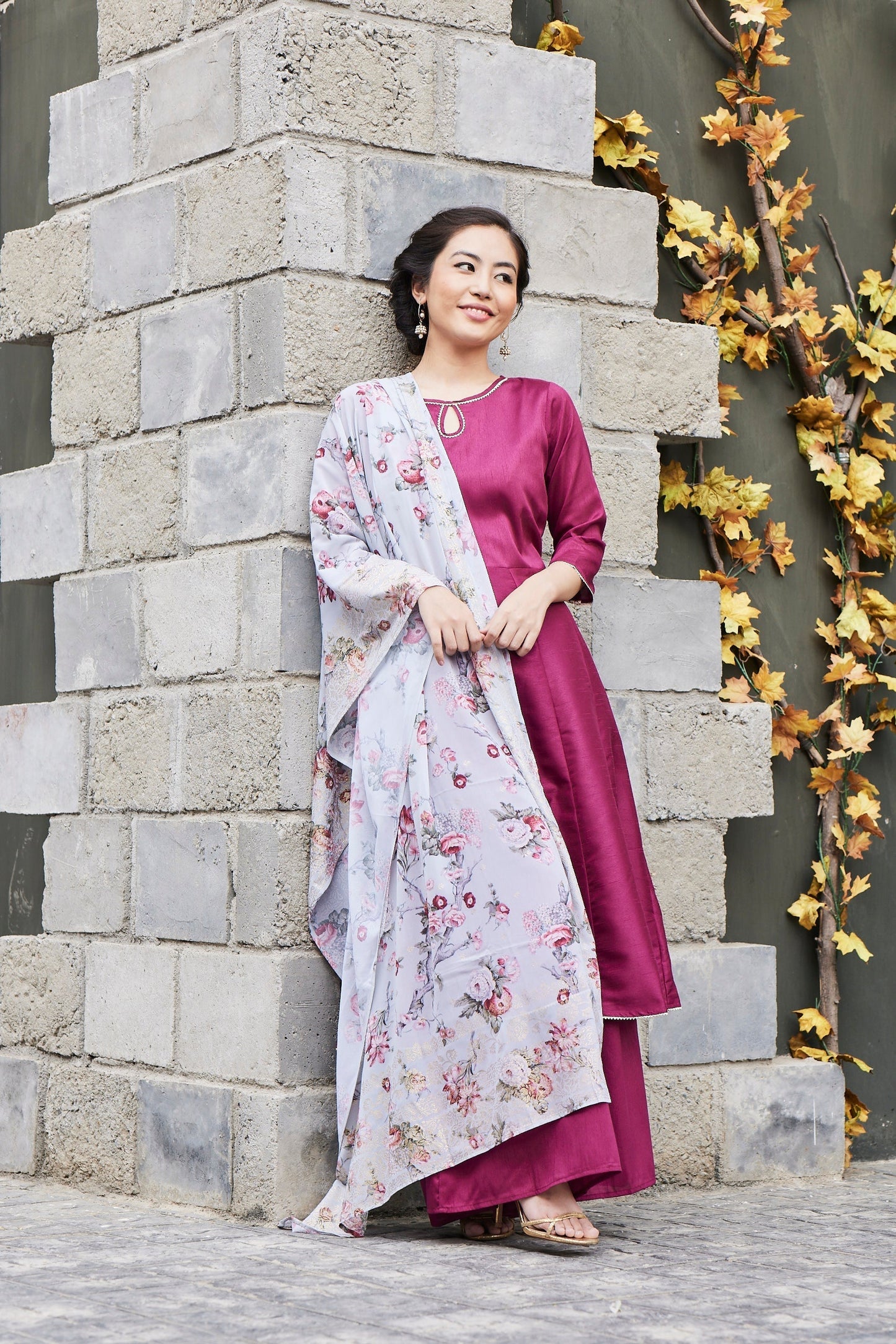 Ahalyaa Women Magenta & Grey Solid Anarkali Kurta with Palazzos & Floral Dupatta