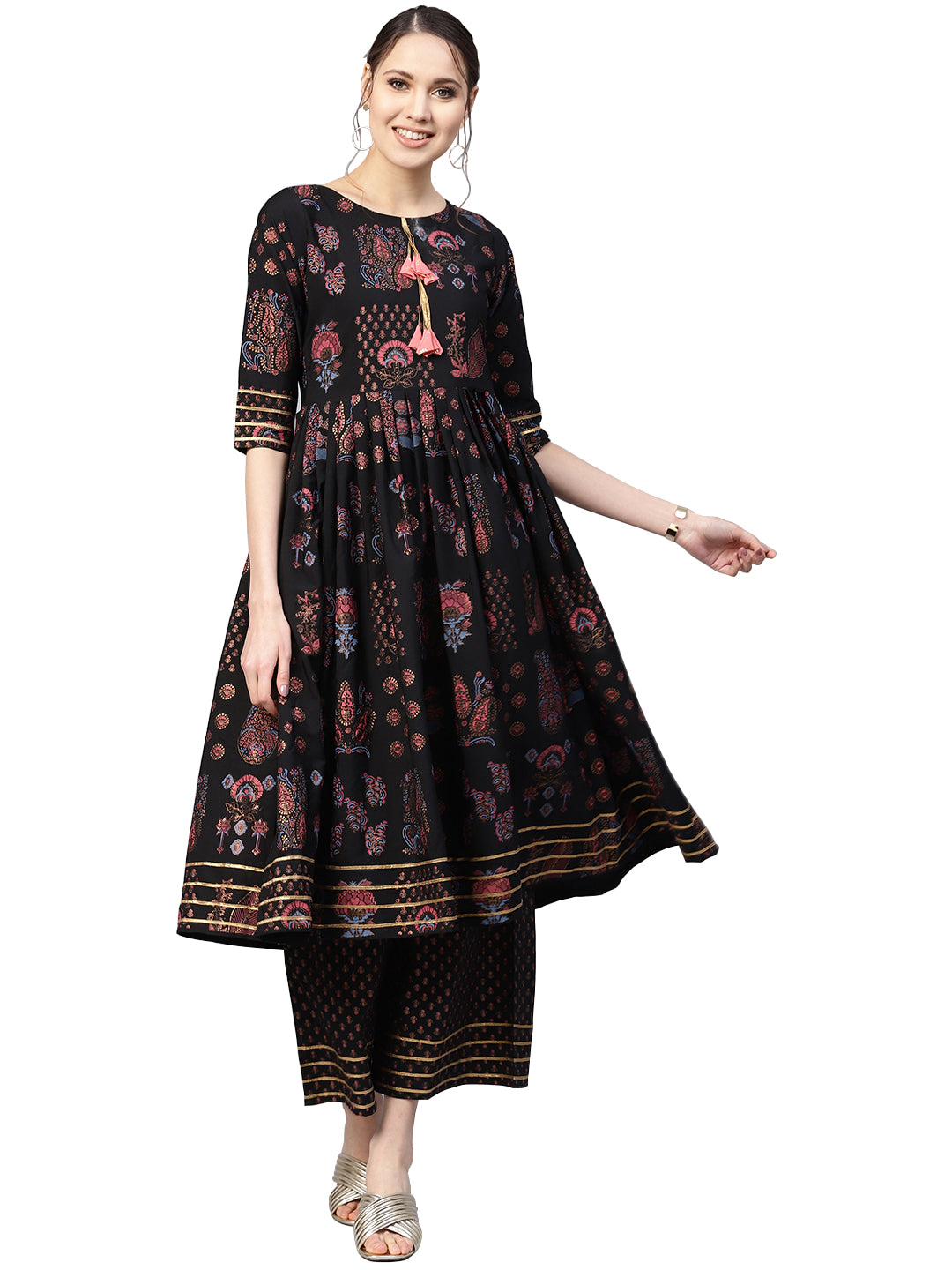 Ahalyaa Black Poly Crepe A-Line Kurta Sets