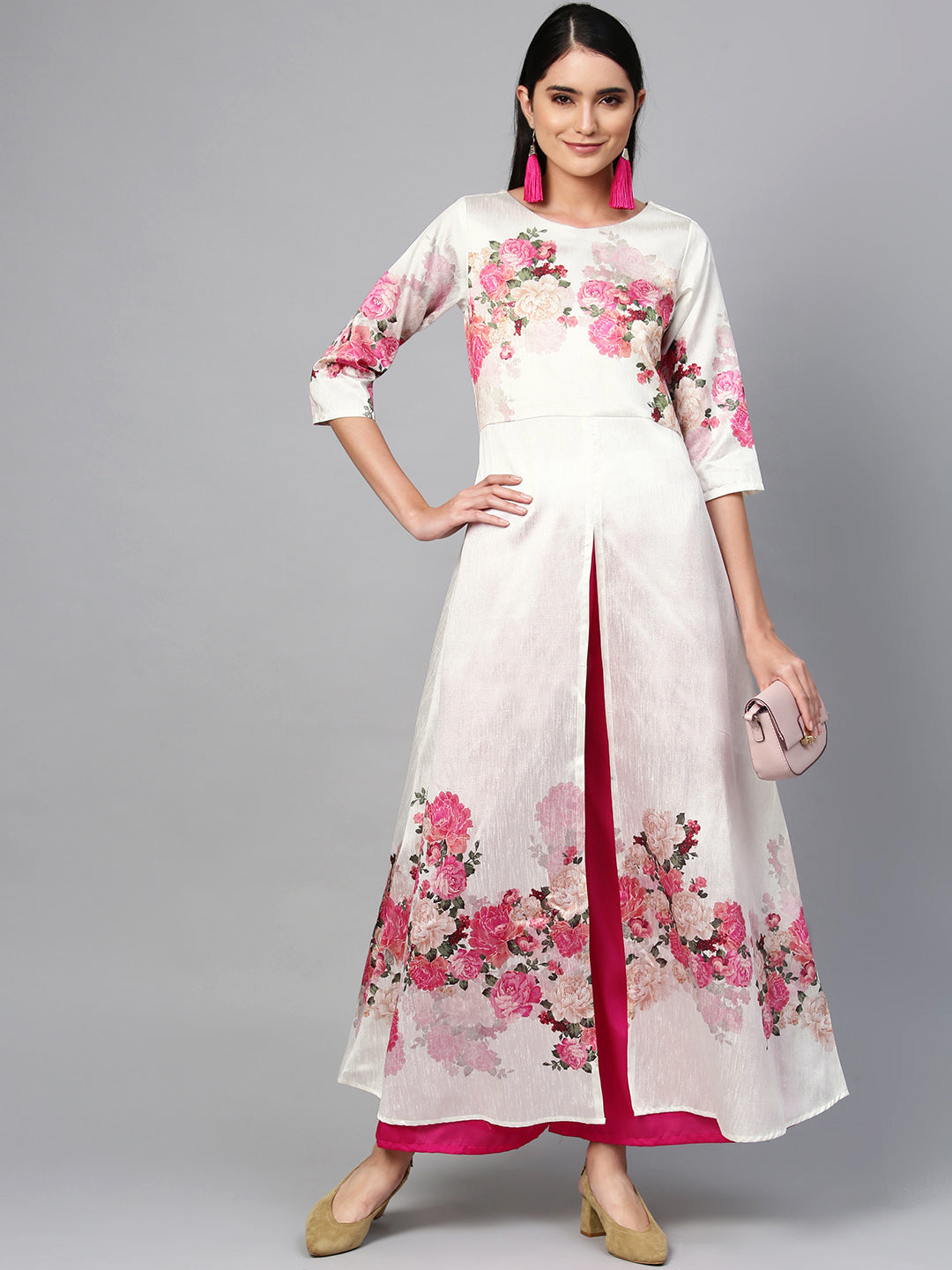 Ahalyaa Women Off White & Pink Printed Kurta with Palazzo
