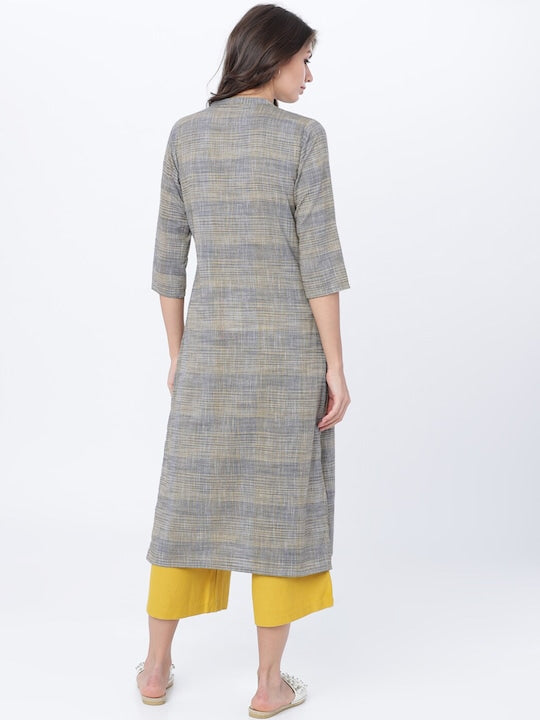 Vishudh Women Grey & Yellow Striped Straight Kurta