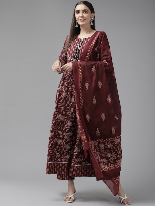 Yufta Women Maroon Ethnic Motifs Aari Work Kurta with Trousers & Dupatta