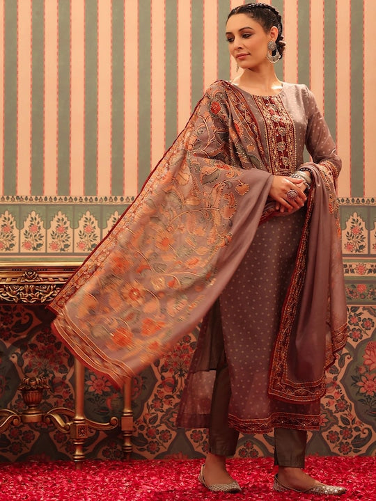 Scakhi Ethnic Motifs Printed Kantha Work Chanderi Silk Kurta With Trousers & Dupatta