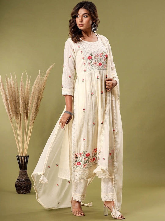 Vishudh Floral Embroidered Empire Pure Cotton Kurta with Trousers & Dupatta