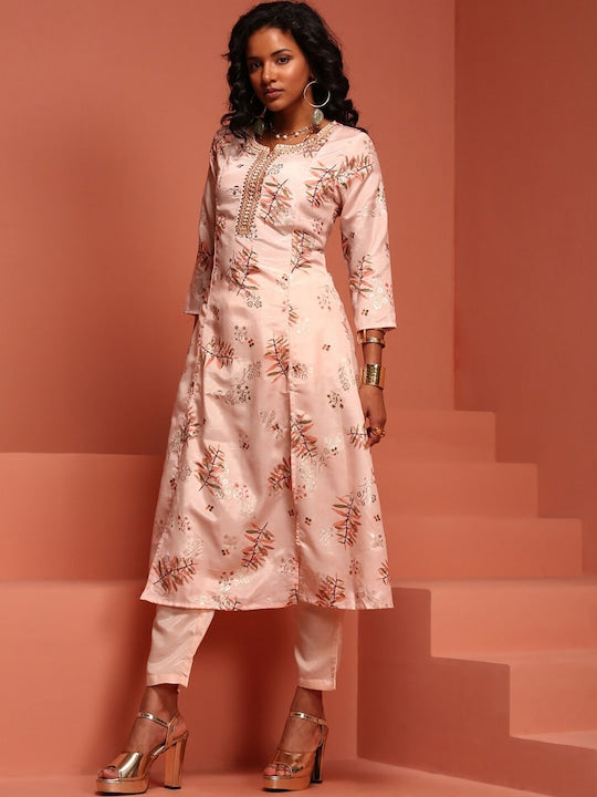 IMARA Floral Printed Thread Work Shantoon A-Line Kurta With Trousers & Dupatta