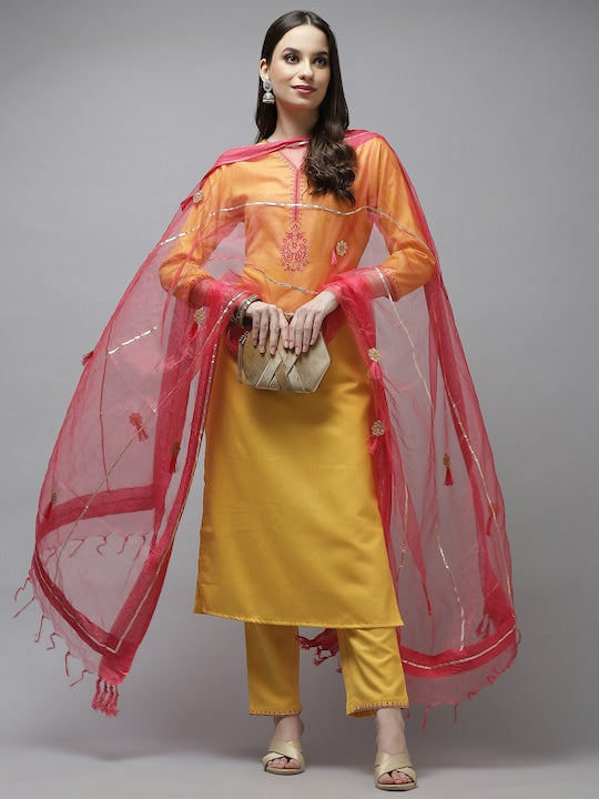 Yufta Women Mustard Yellow Layered Thread Work Kurta with Trousers & Dupatta - XXL