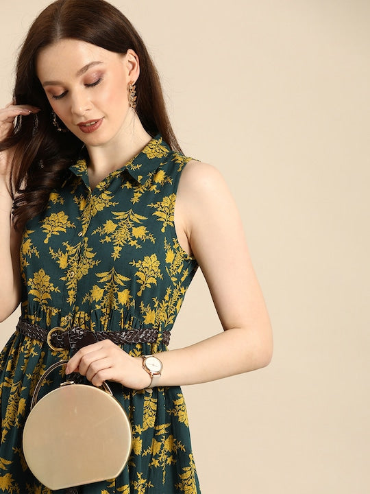 All about you Green & Yellow Floral Pure Cotton Sleevless Gathered Midi Dress