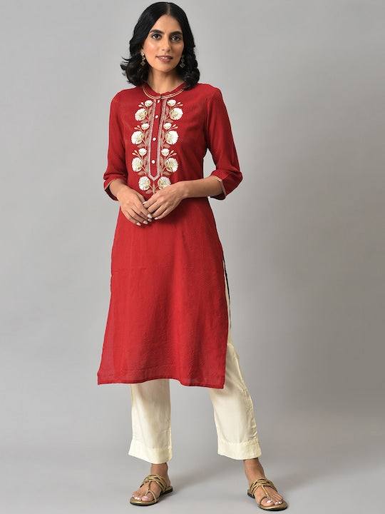 Aurelia Women Red Embroidered Liva Kurta with Beige Trouser Pants