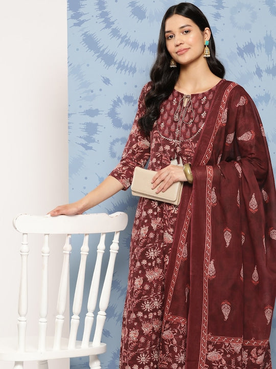 Yufta Floral Printed Regular Aari Work Pure Cotton Kurta with Trousers & Dupatta